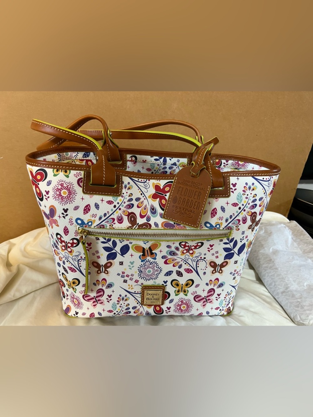 Dooney & Bourke White Floral & Butterfly Tote with Tan Trim